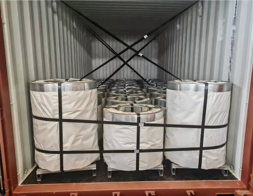 Juhong steel metal strapping securing cargo inside a shipping container.