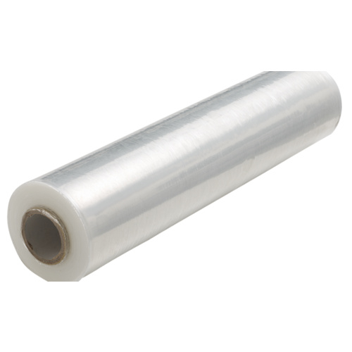 Industrial Blown Stretch Film Roll A roll of high-strength blown stretch film, showing its characteristic slight haze, used for secure industrial palletizing