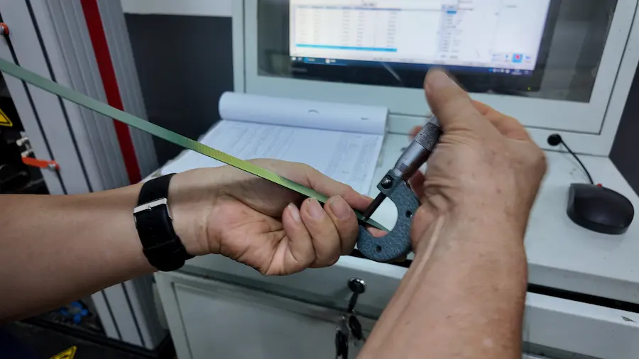 PET strapping thickness measurement Measuring the thickness of PET strapping with a micrometer