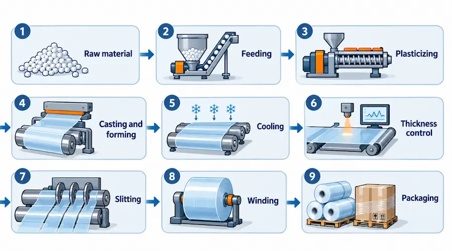 Cast Stretch Film Manufacturing Process Flow diagram of cast stretch film manufacturing from resin feeding to slitting, winding, and packaging