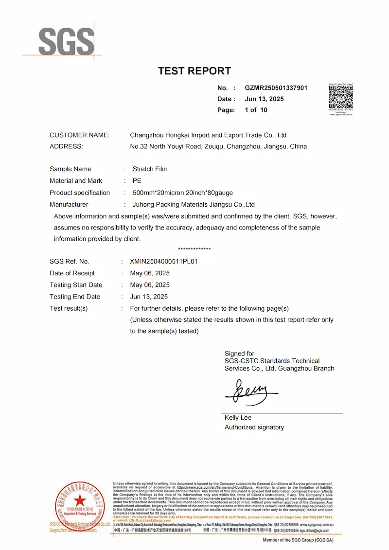 JUHONG Stretch Film SGS Test Report — Page 1 First page of an SGS test report for a JUHONG stretch film sample
