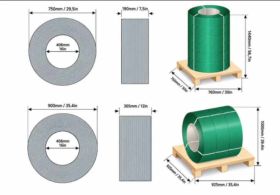 pet-strapping-jumbo-coil-dimensions PET strapping jumbo coil dimensions with 406 mm core and pallet size options