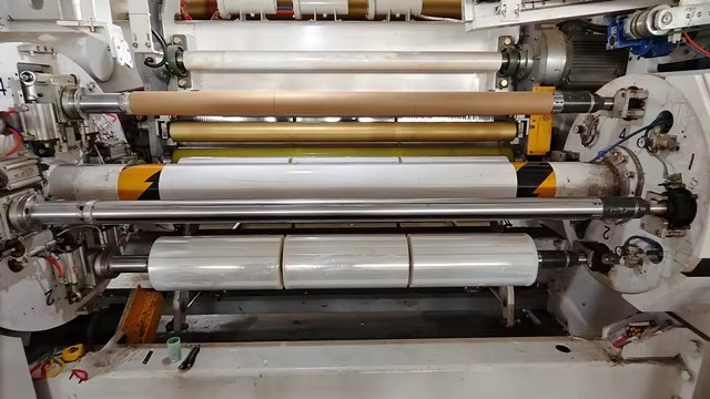 stretch-film-roll-winding Stretch film being wound onto cores to form finished rolls