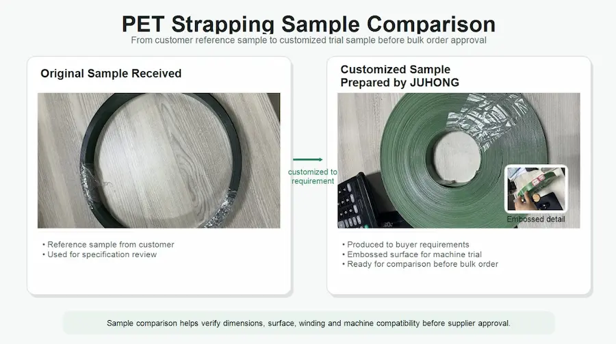 pet-strapping-sample-comparison-old-vs-new PET strapping original customer sample and JUHONG customized sample comparison before bulk order
