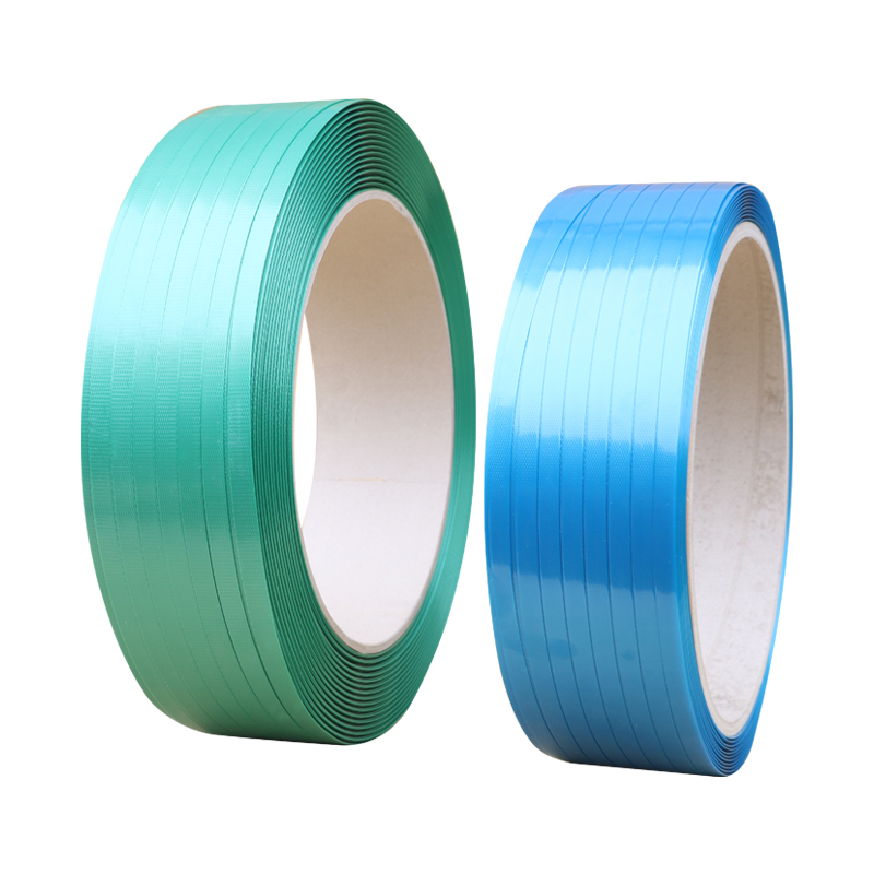 Manual PET strapping rolls in blue and green colors for hand tool packaging