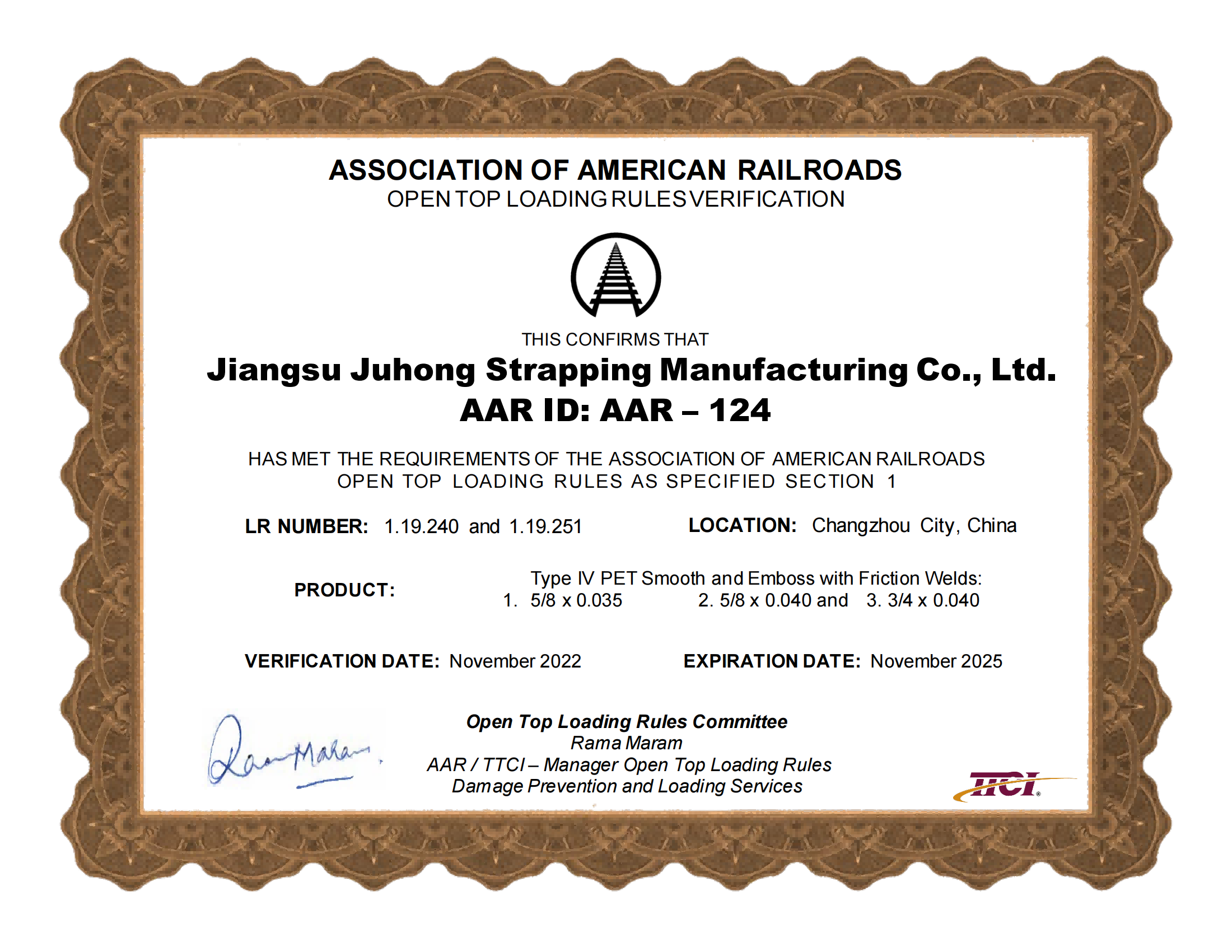 Jiangsu Juhong AAR OTLR Certificate_PET_strapping