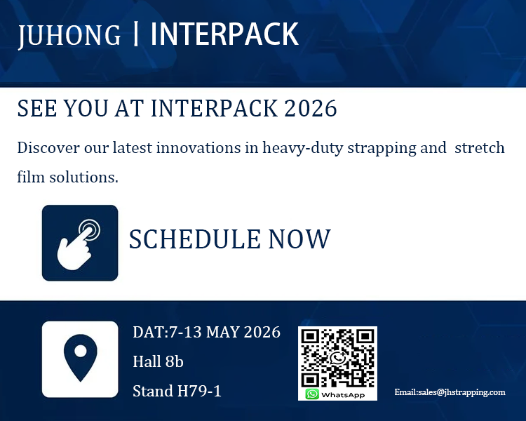 Juhong Packing, the lead drafter of GB/T 39040-2020, invites you to Interpack 2026 (May 7-13) in D&uuml;sseldorf. Visit us at Hall 8b, Stand H79-1 for innovative steel strapping, PET strap, stretch film, and high-integrity strapping seals