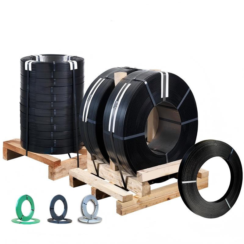 Comprehensive range of high tensile steel strapping including black painted (ribbon, oscillated, and jumbo coils), green, blue tempered, and galvanized finishes, all compliant with ASTM D3953 and EN 13246 international standards