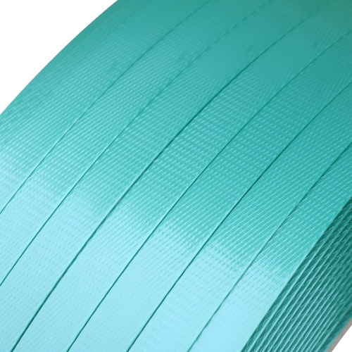 Close-up of embossed surface texture on high-strength Green PET Strapping for superior grip