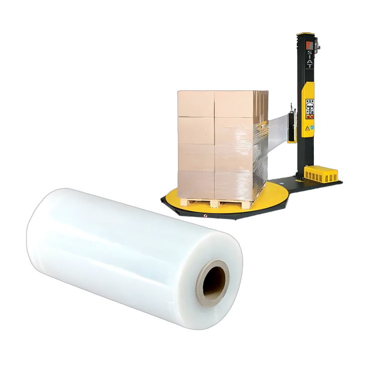 High-performance machine grade stretch film for automatic pallet wrapping, offering high stretch ratio and superior cargo integrity, produced by China’s only integrated manufacturer of steel, PET, and film
