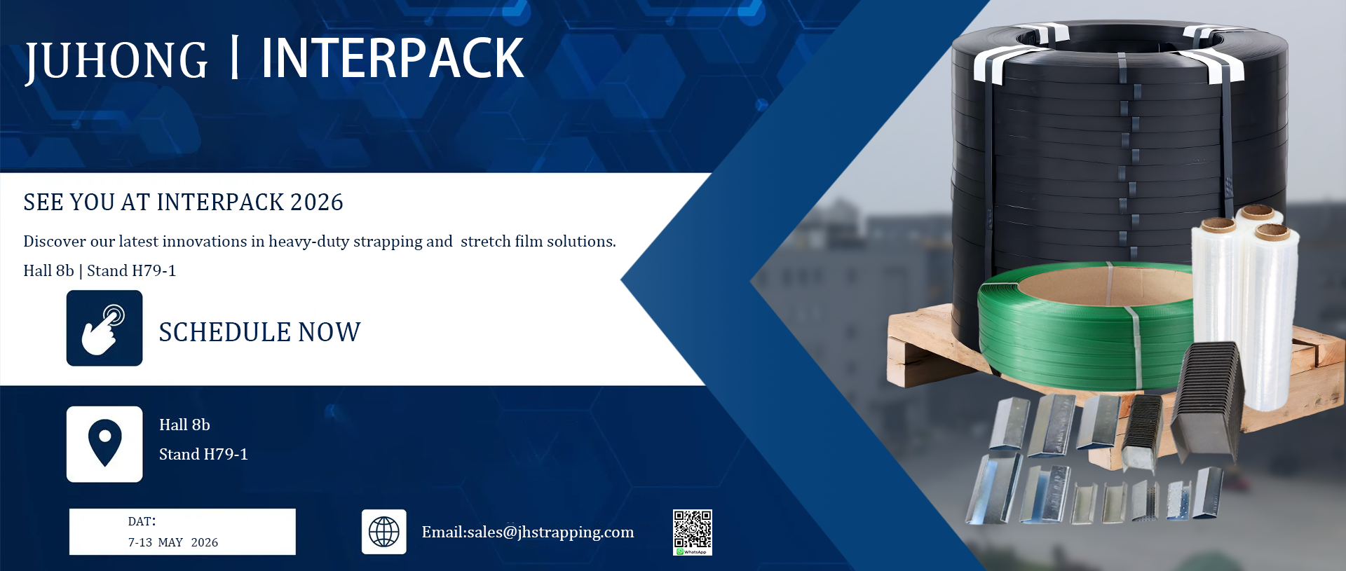 Industrial packaging manufacturer Juhong Packing exhibiting high-performance steel strapping and GB/T 39040 compliant strapping seals at Interpack 2026 in Germany