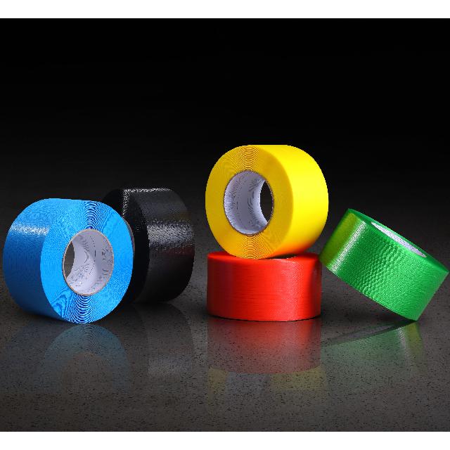 Polypropylene (PP) Strapping Coils in various colors (Blue, Yellow, Red, Green) for parcel bundling and inventory identification