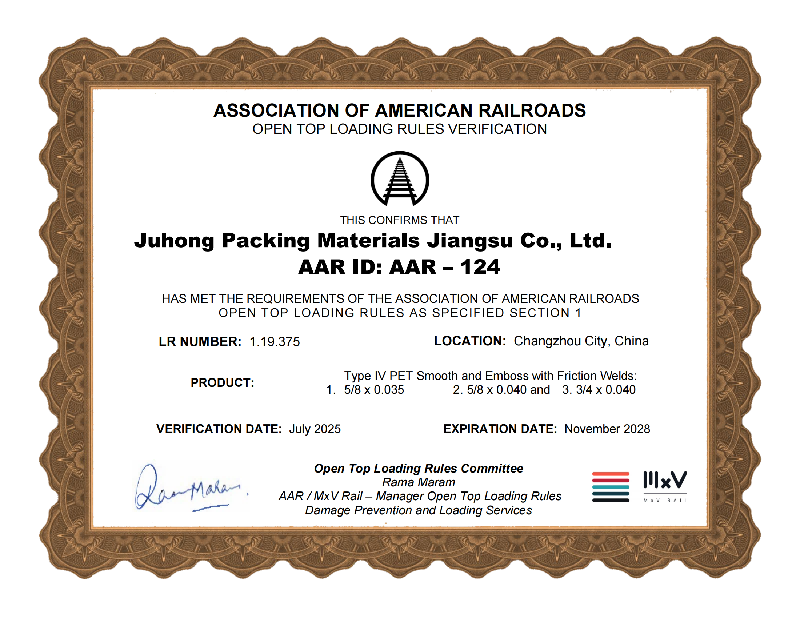 Official AAR Certificate for Juhong PET Strapping, verifying compliance for secure rail shipment