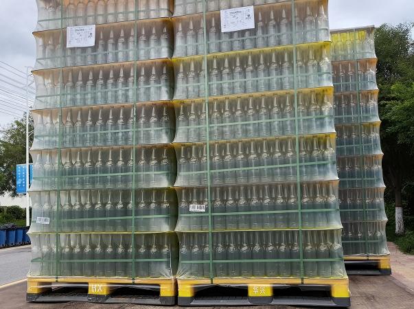 An industrial photograph showing palletized glass bottles secured with a dual-layer protection system. High-tension PET strapping provides the necessary structural rigidity to hold the heavy layers together and prevent shifting, while high-performance stretch film wraps the entire unit to ensure containment and protect fragile glass surfaces from abrasion, dust, and vibration during transit.
