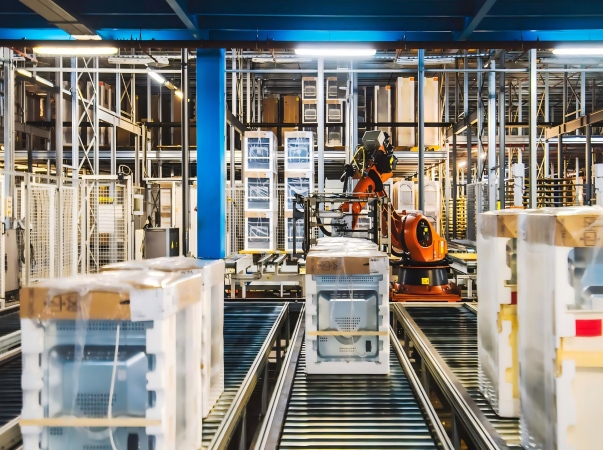 Juhong Packing\'s high-performance machine stretch film used in an automatic wrapping system to provide dust-proof and scratch-proof protection for small home appliances and industrial machinery.