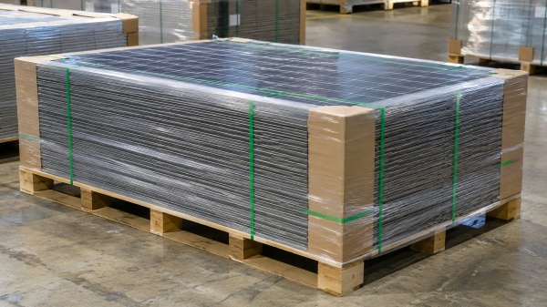Solar modules secured with PET strapping, corner protectors, and stretch film for export shipping