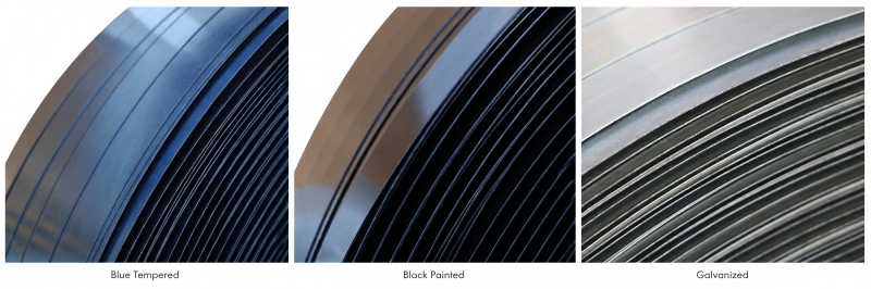 Comparison of three steel strapping surface finishes: blue tempered, black painted, and galvanized steel strapping.