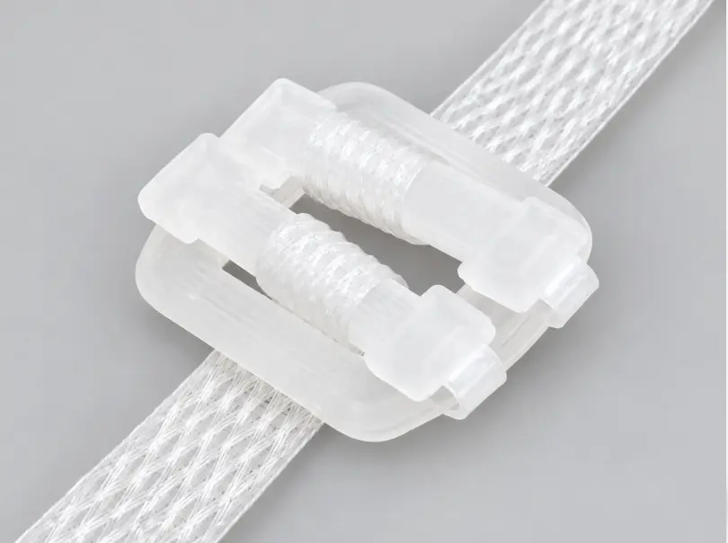 PP strapping secured with a translucent plastic buckle