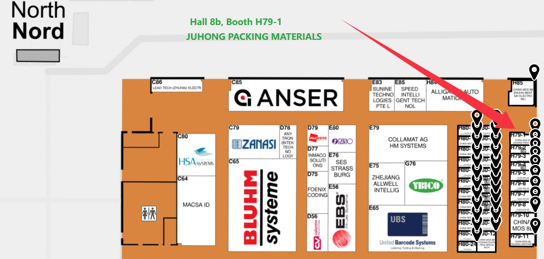 Official Interpack 2026 Hall 8b floor plan map, with Juhong Packing location highlighted at booth H79-1 for industrial steel and PET strapping exhibits