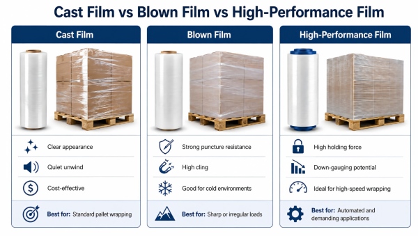 Comparison of cast film, blown film, and high-performance stretch film showing film rolls, surface characteristics, and different pallet wrapping applications.