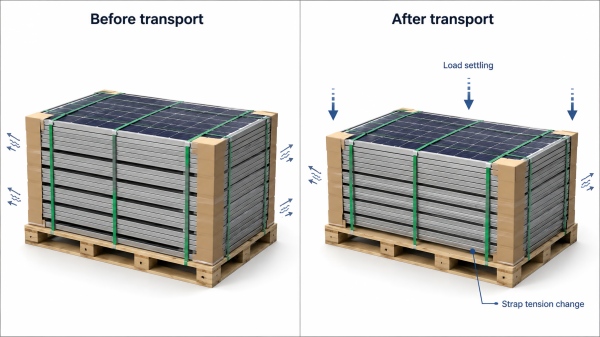 Diagram showing PET strapping becoming loose after stacked solar modules settle during transport