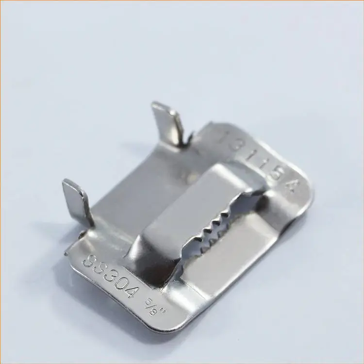 Stainless steel Ear-Lokt buckle for securing stainless steel banding