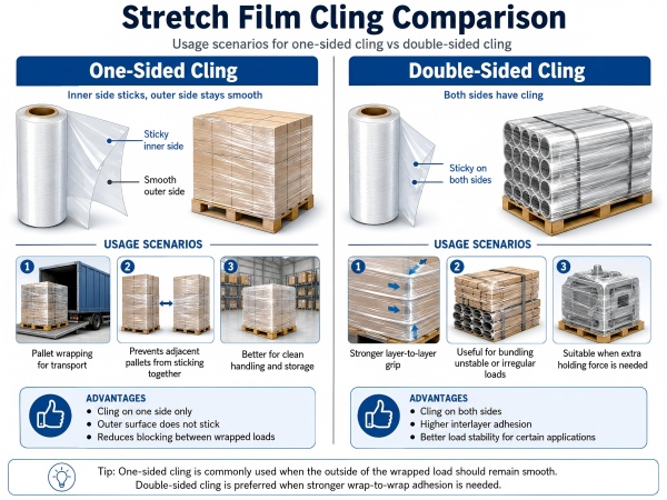 One-sided cling vs double-sided cling stretch film for pallet packaging