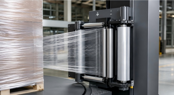 Machine stretch film passing through pre-stretch rollers
