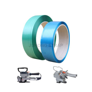 Green and blue manual PET strapping with a pneumatic strapping tool for heavy-duty pallet packaging