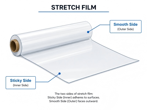 Stretch film sticky side and smooth side for pallet wrapping