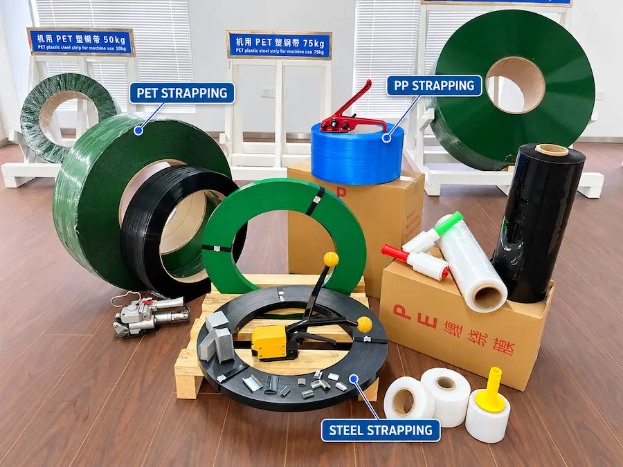 Steel, PET and PP strapping samples shown side by side