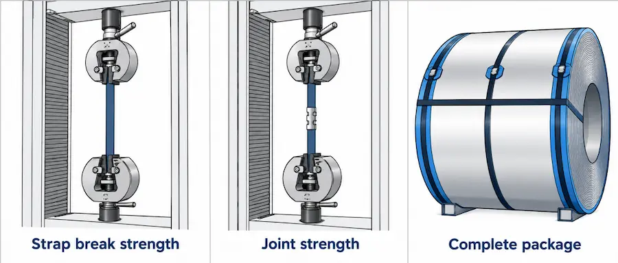 Diagram comparing strap break strength, joint strength and restraint of a complete package